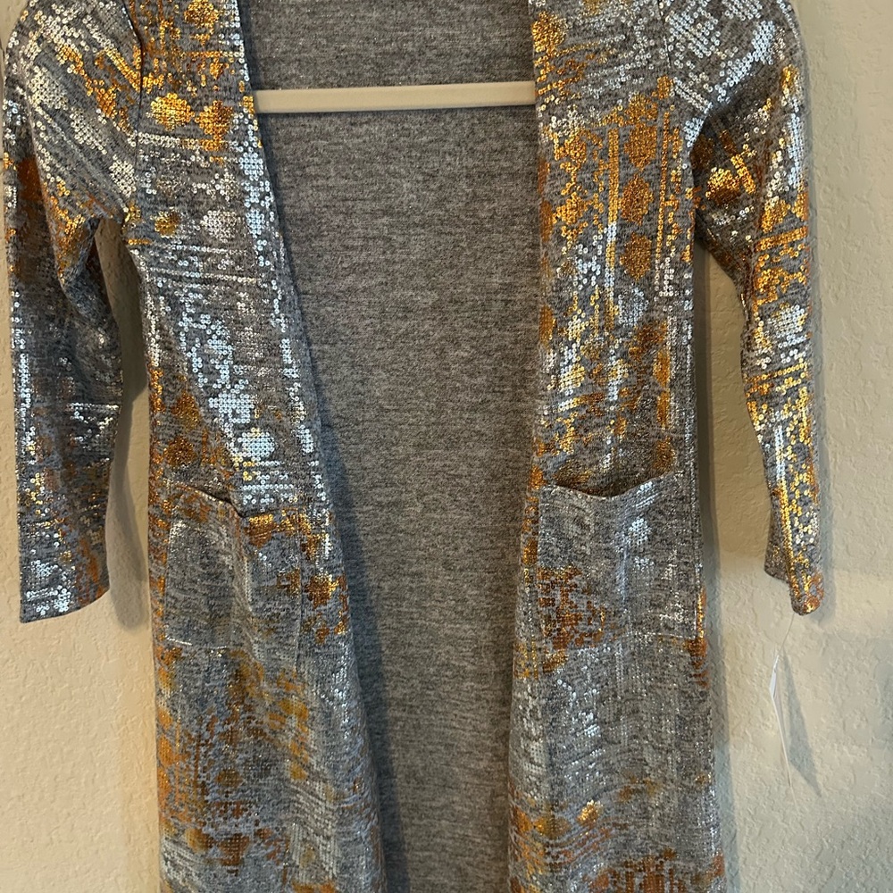LuLaRoe Gray and Gold Trim Cardigan - Picture 2 of 7